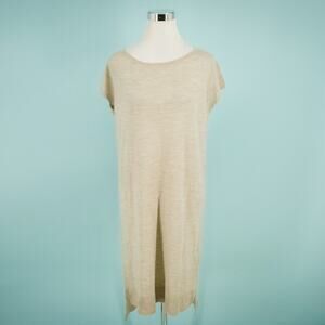 Organic by John Patrick Size Medium M Tan Beige Crew Scoop Neck Short Cap Sleeve